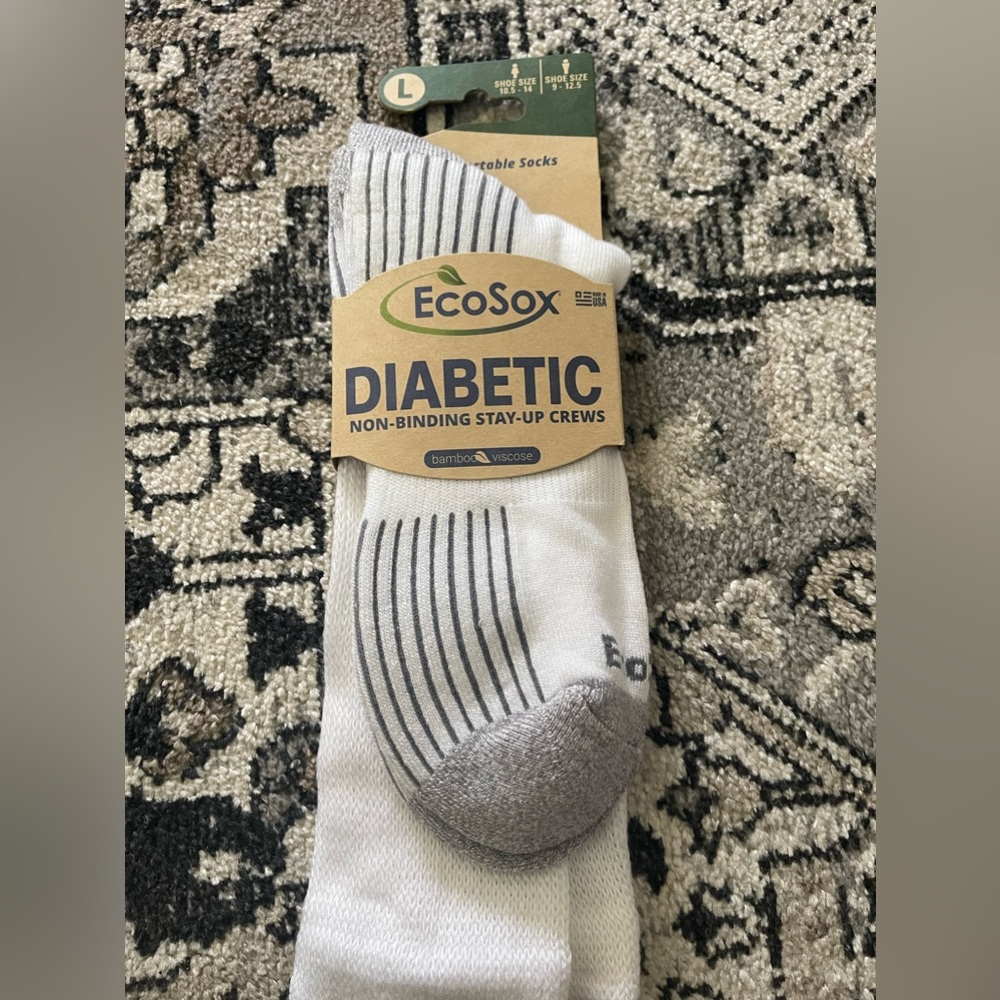ECOSOX WHITE  DIABETIC CREW BAMBOO Viscoe SOCKS USA non-binding top Sz Large